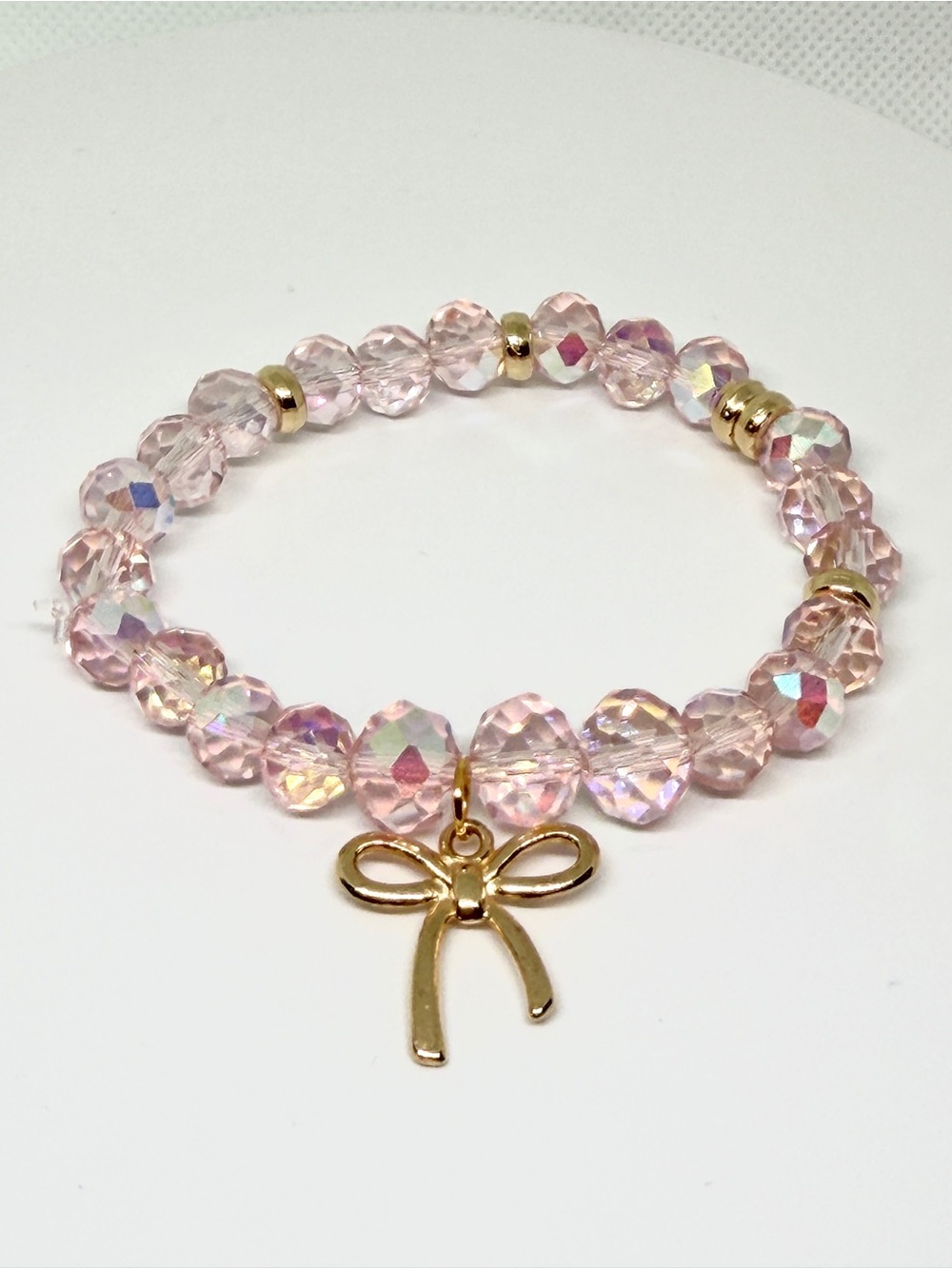 Hand Crafted Gold Bow Charm Light Pink Crystal Stretch Bracelet